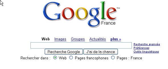 France uniquement, francophone, toute origine - 3 choix proposés à l'internaute Googler